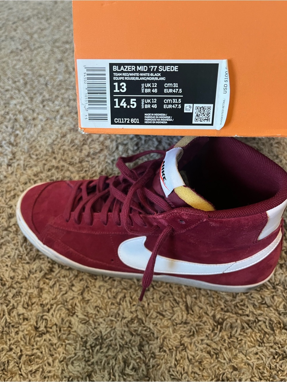 Nike Blazer Mid '77 Suede Sneaker - Maroon/White
